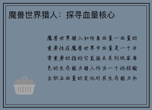魔兽世界猎人：探寻血量核心